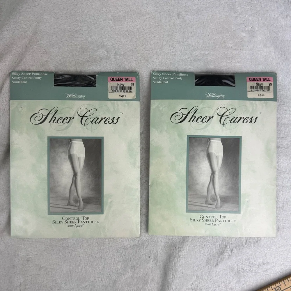 Vintage Worthington Sheer Caress Pantihose Navy Queen Tall Control Top 2 Pairs