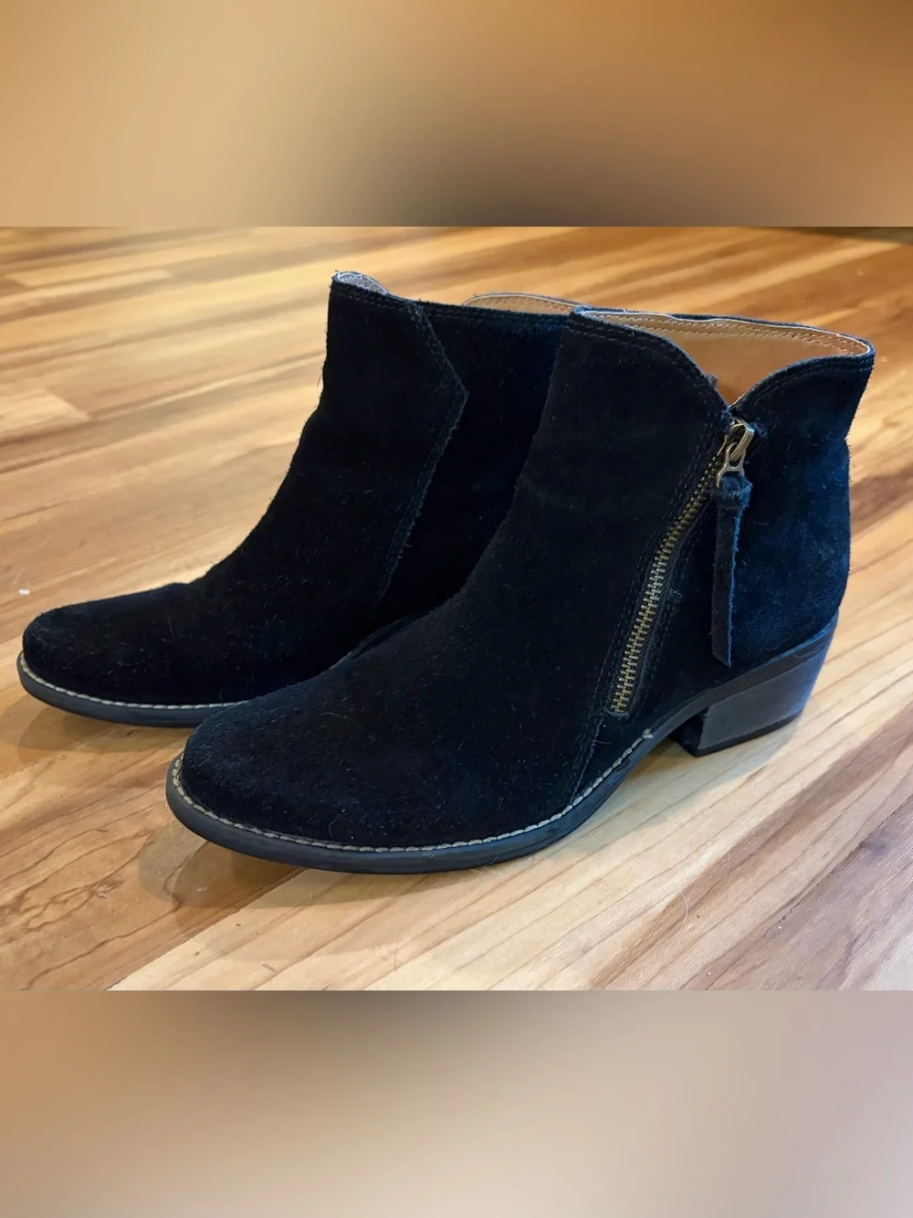 Genuine Black Suede Altos Ankle Boots, Side Zip, 2 inch Block Heel, Size 8