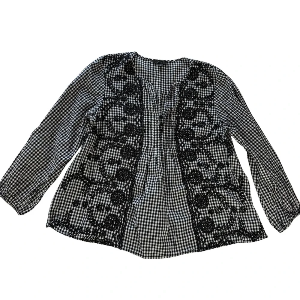 J. Crew Gingham Embroidered Eyelet Blouse Black White Cotton Top Womens Large
