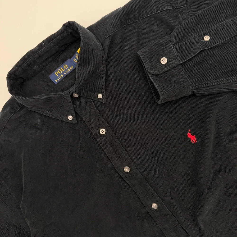 Polo Ralph Lauren Mens XLT Black Corduroy Button Down Shirt Red Pony Logo