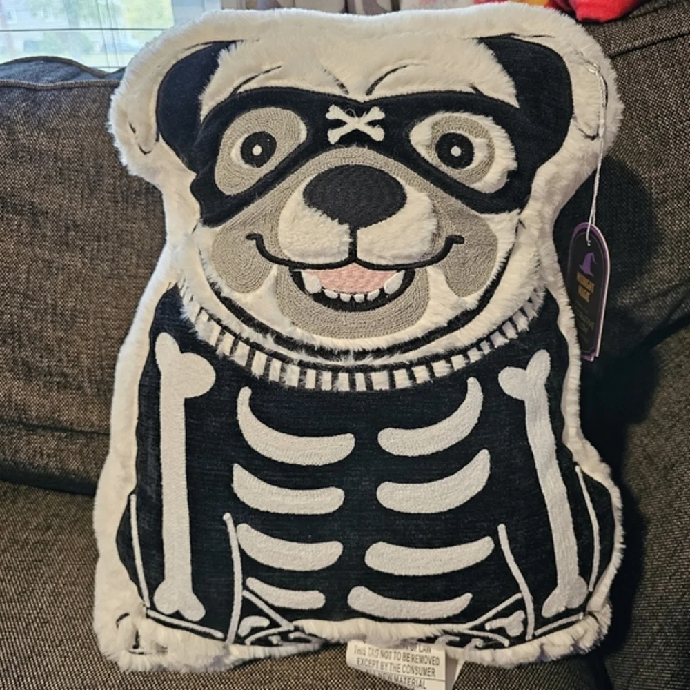 Midnight Magic Dog Skeleton Halloween Decorative Pillow Black White Summerween‎