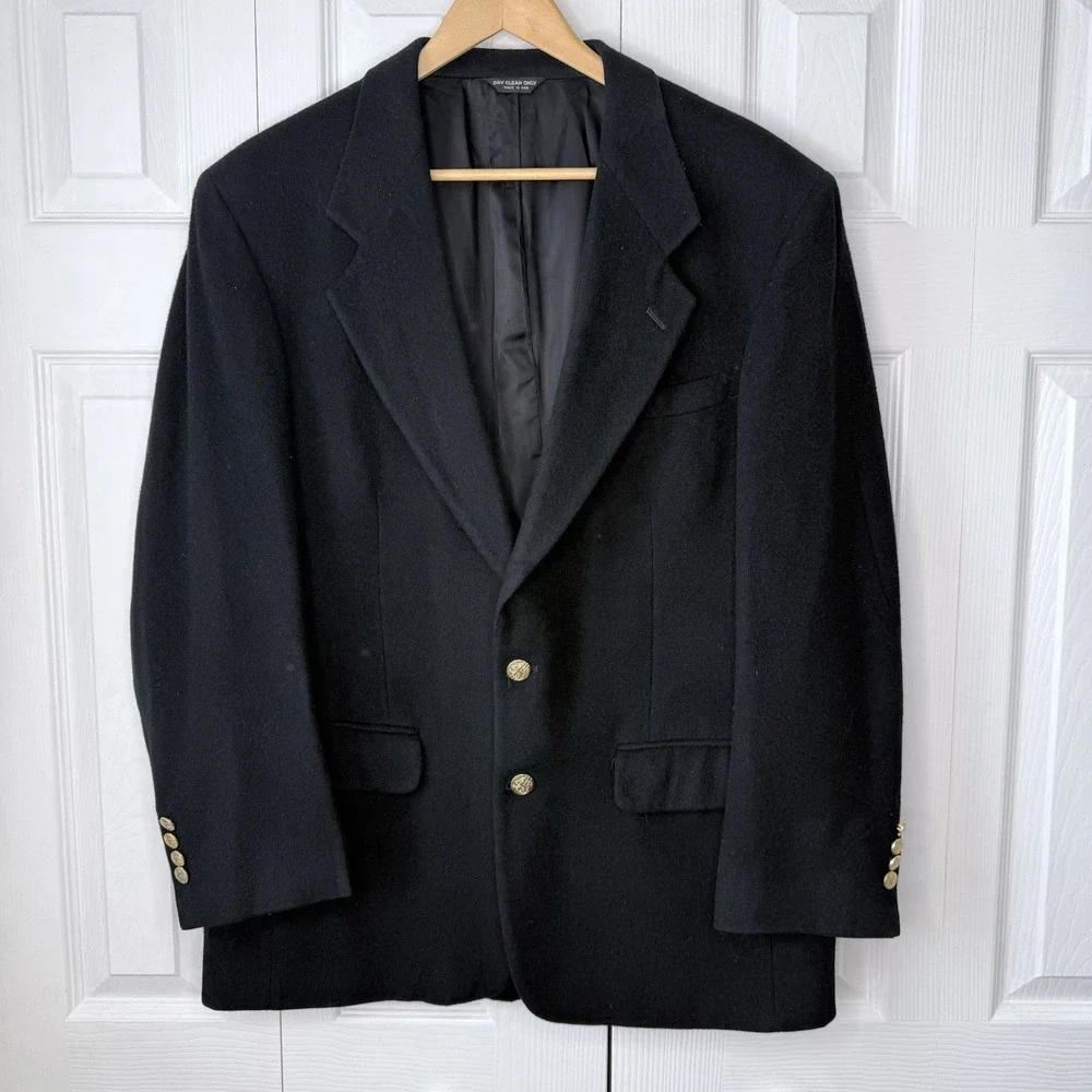 WALLACHS 100% Camel Hair Blazer Black Gold Buttons Sport Coat Mens‎ 44 Old Money