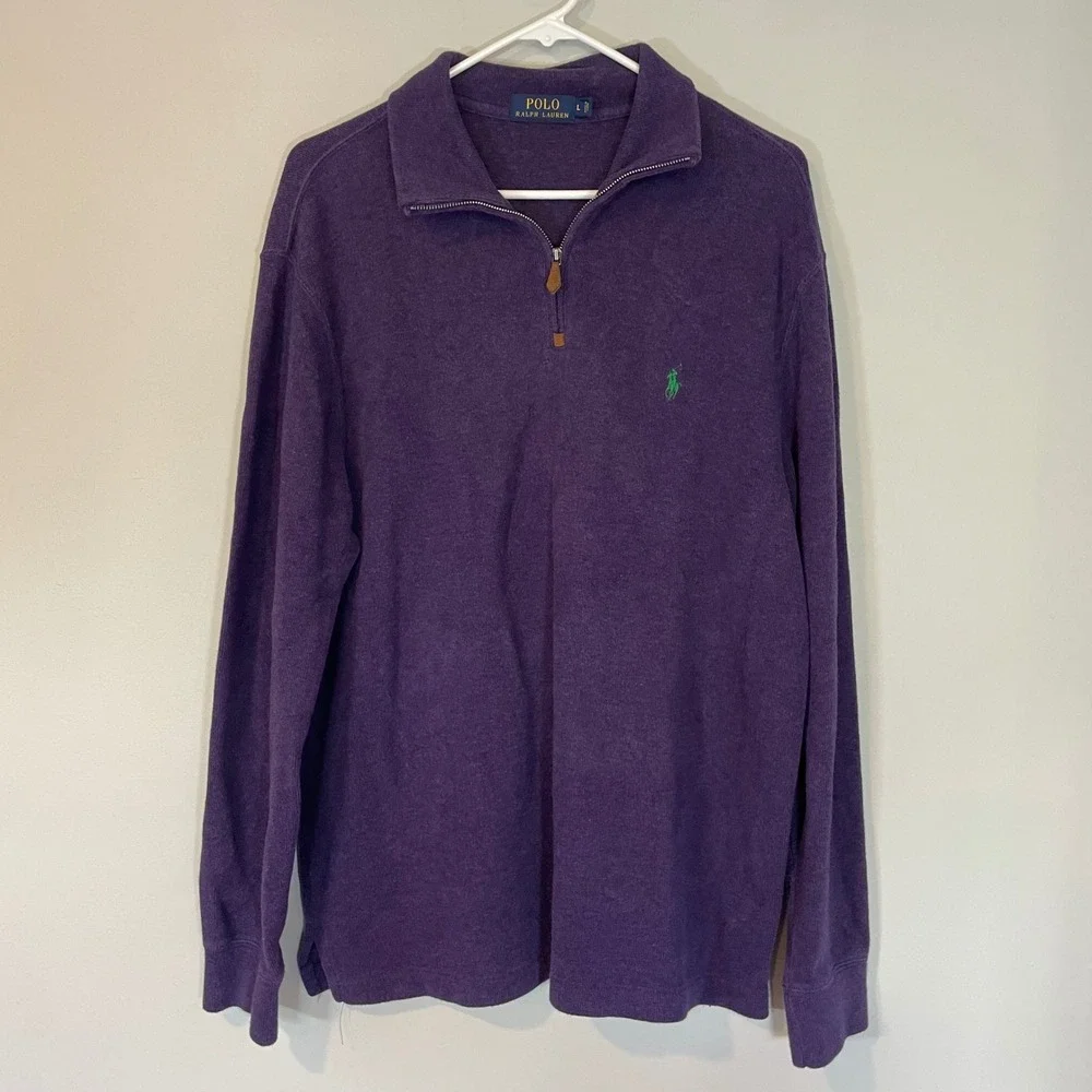 Polo Ralph Lauren Mens Purple Cotton Quarter Zip Pullover Sweater‎ Large Preppy