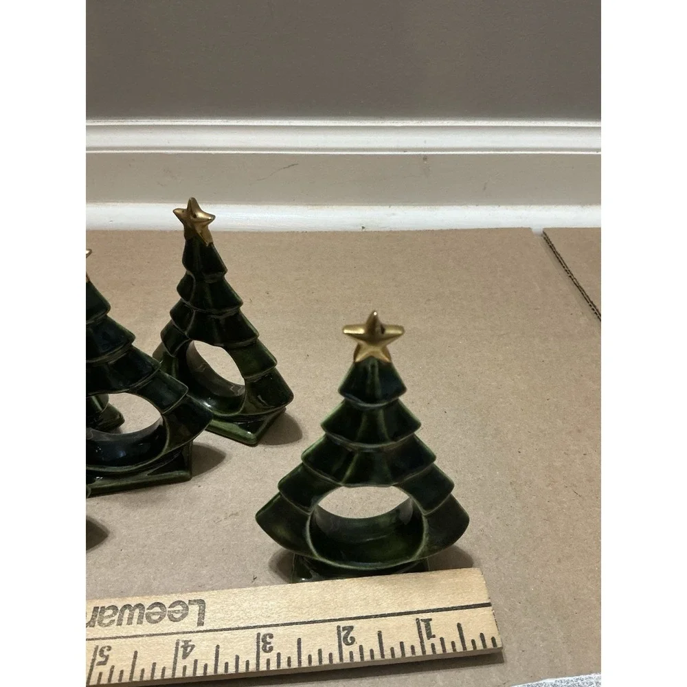 Christmas Green Tree Vintage Napkin Rings Holders Ceramic Star Lot of 6