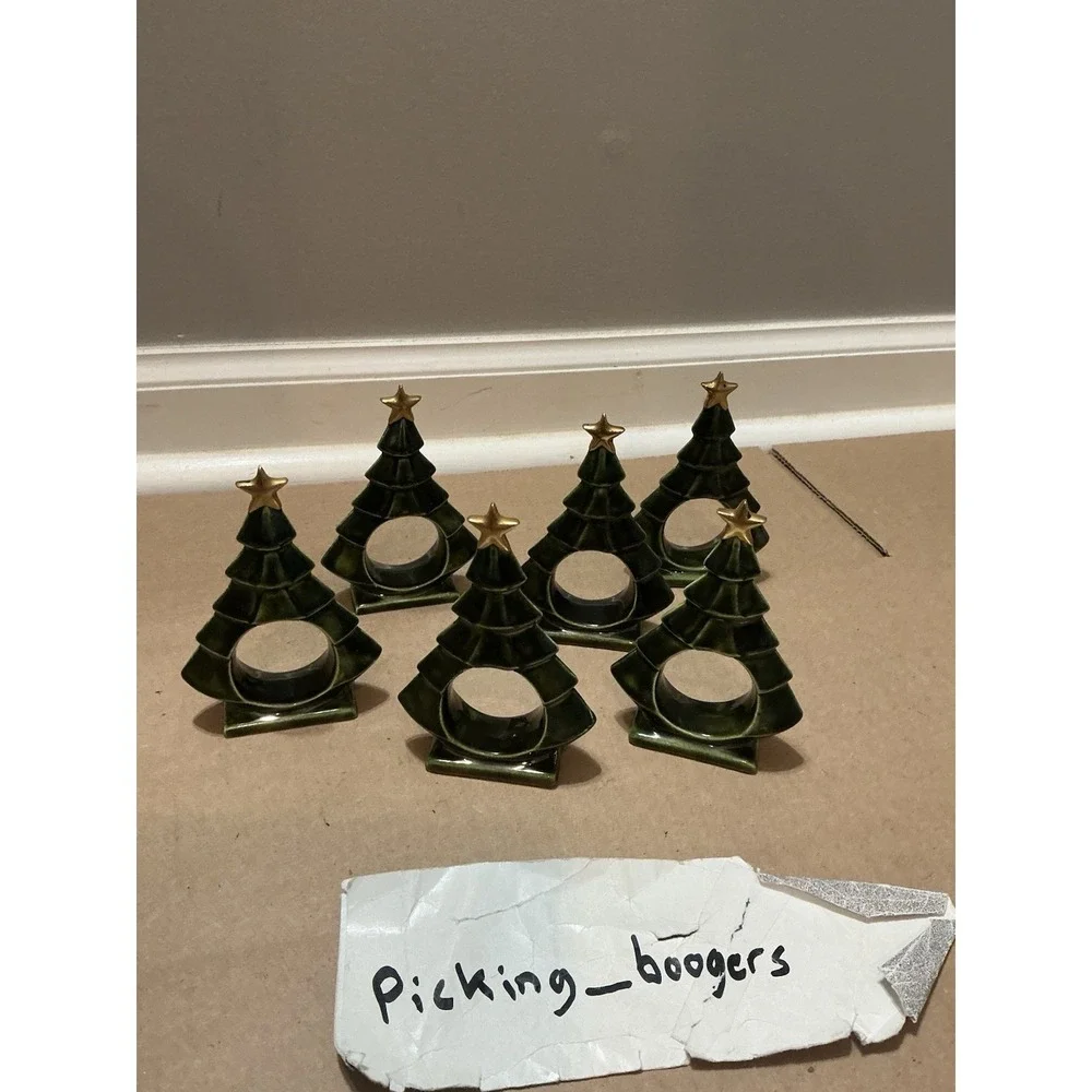 Christmas Green Tree Vintage Napkin Rings Holders Ceramic Star Lot of 6