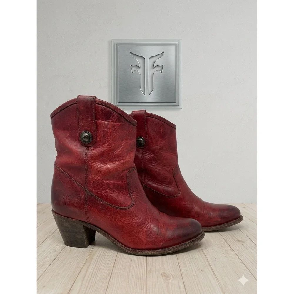 Frye Button ❤️Short‎ Red Leather Boots Boho Whimsigoth Coastal Cowgirl  festival