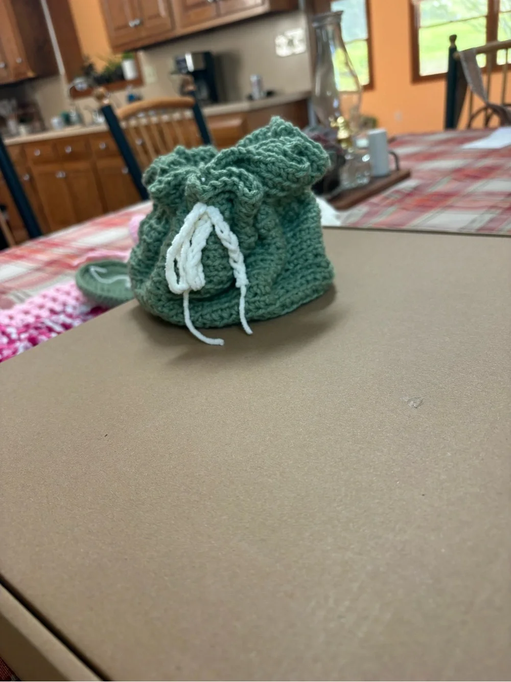 Handmade Green Crochet Drawstring Cosmetic Bag by