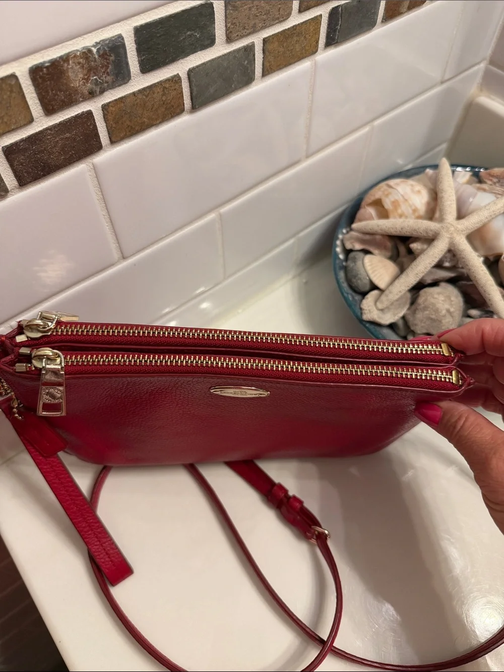 Coach Red Leather Crossbody Bag with Gold Accent