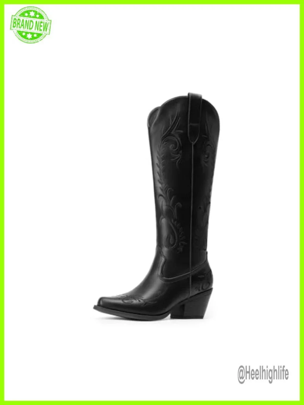 Vintage Embroidery Cowboy Boots Knee High Square Toe Faux Leather Zipper