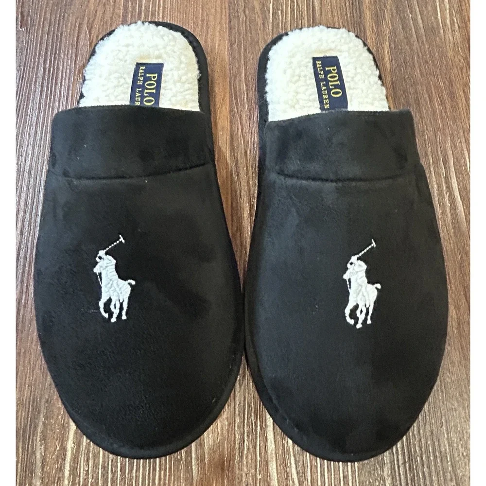 Polo Ralph Lauren Men's Klarence Scuff Slippers Black, White Pony Sz 8 New