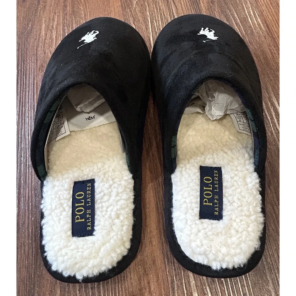 Polo Ralph Lauren Men's Klarence Scuff Slippers Black, White Pony Sz 8 New
