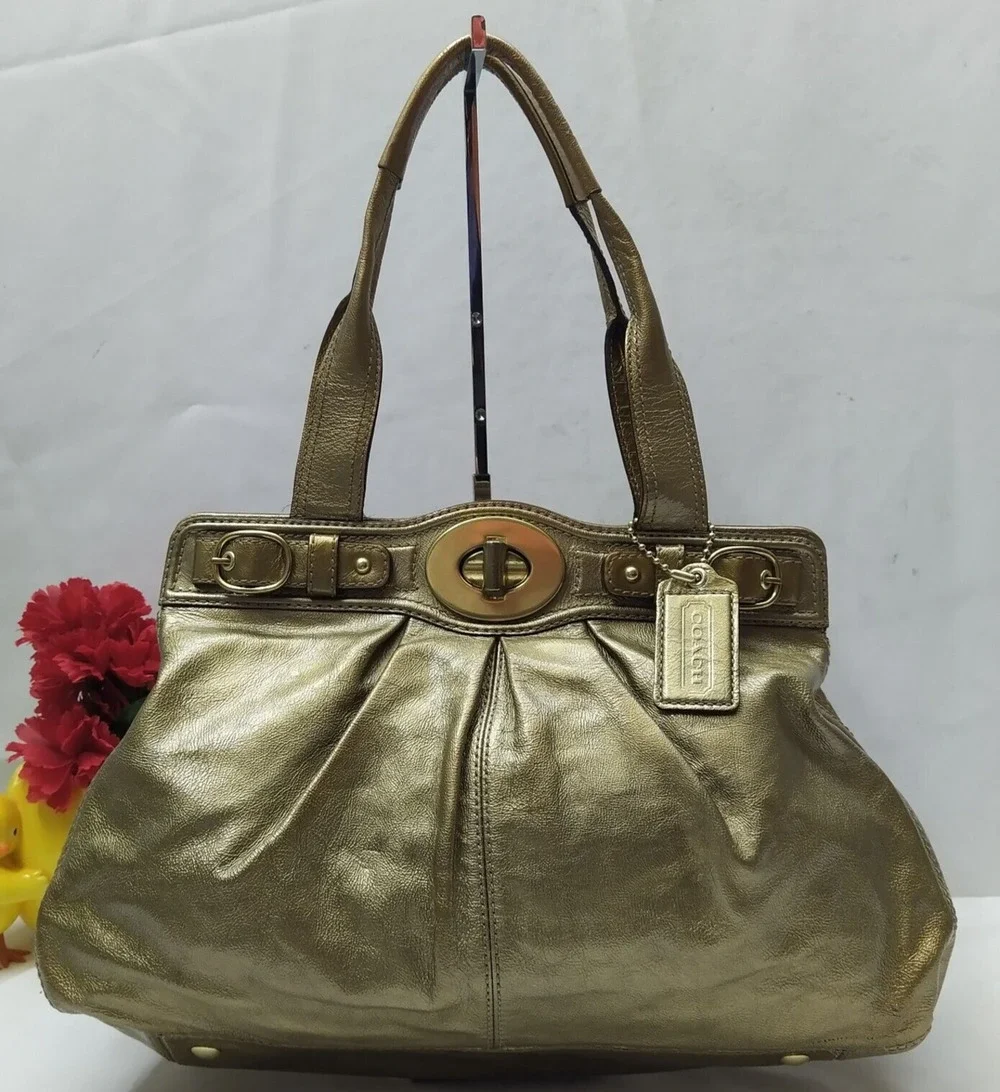 Coach Garnet Metallic Gold Leather Turnlock Double Handle Satchel Shoulder Bag