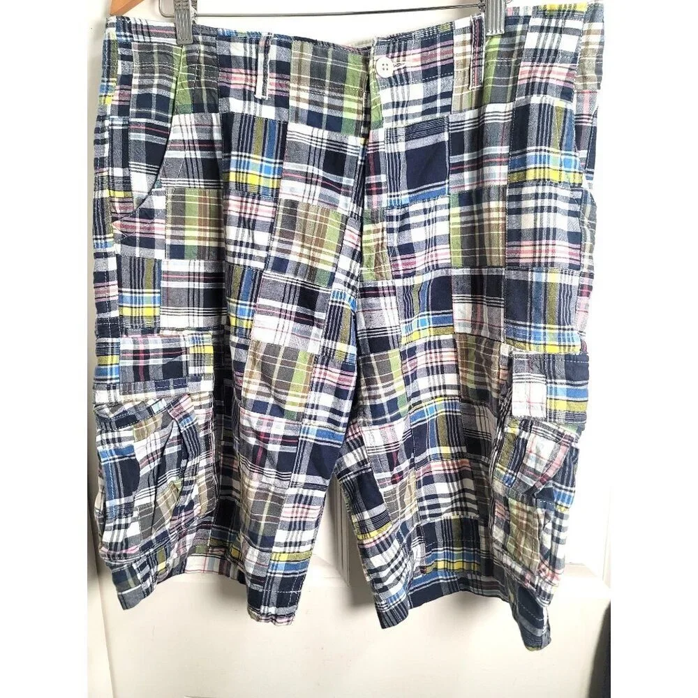 Old Navy Patchwork Madras Cargo Shorts Mens 34Multicolor Plaid Preppy Y2k 90s‎