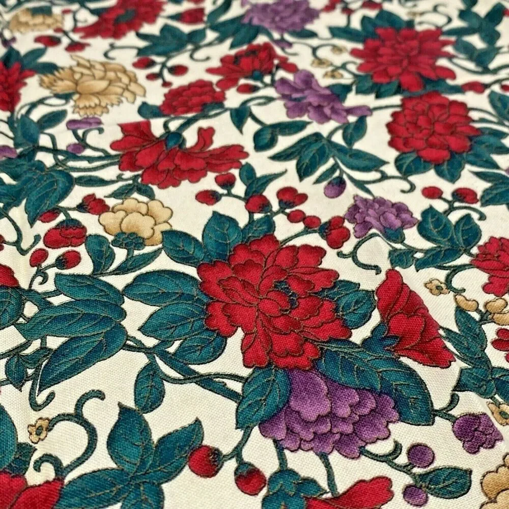 Vintage Fabric Napkins (5) 1980's Cocktail Dessert Sized Red Green Gold Floral