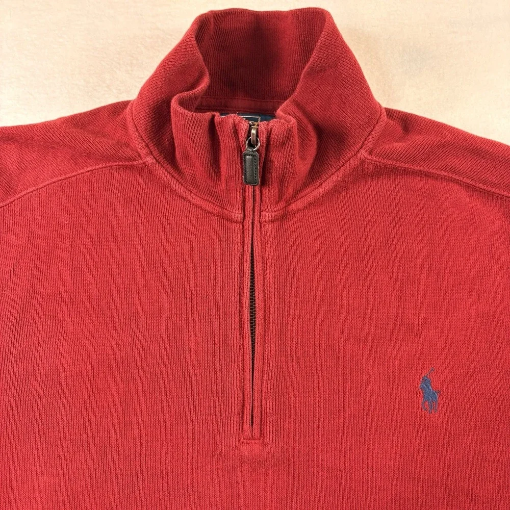 Polo Ralph Lauren Vtg Men's 1/4 Zip Pullover Sweater Red Size Large Blue Pony