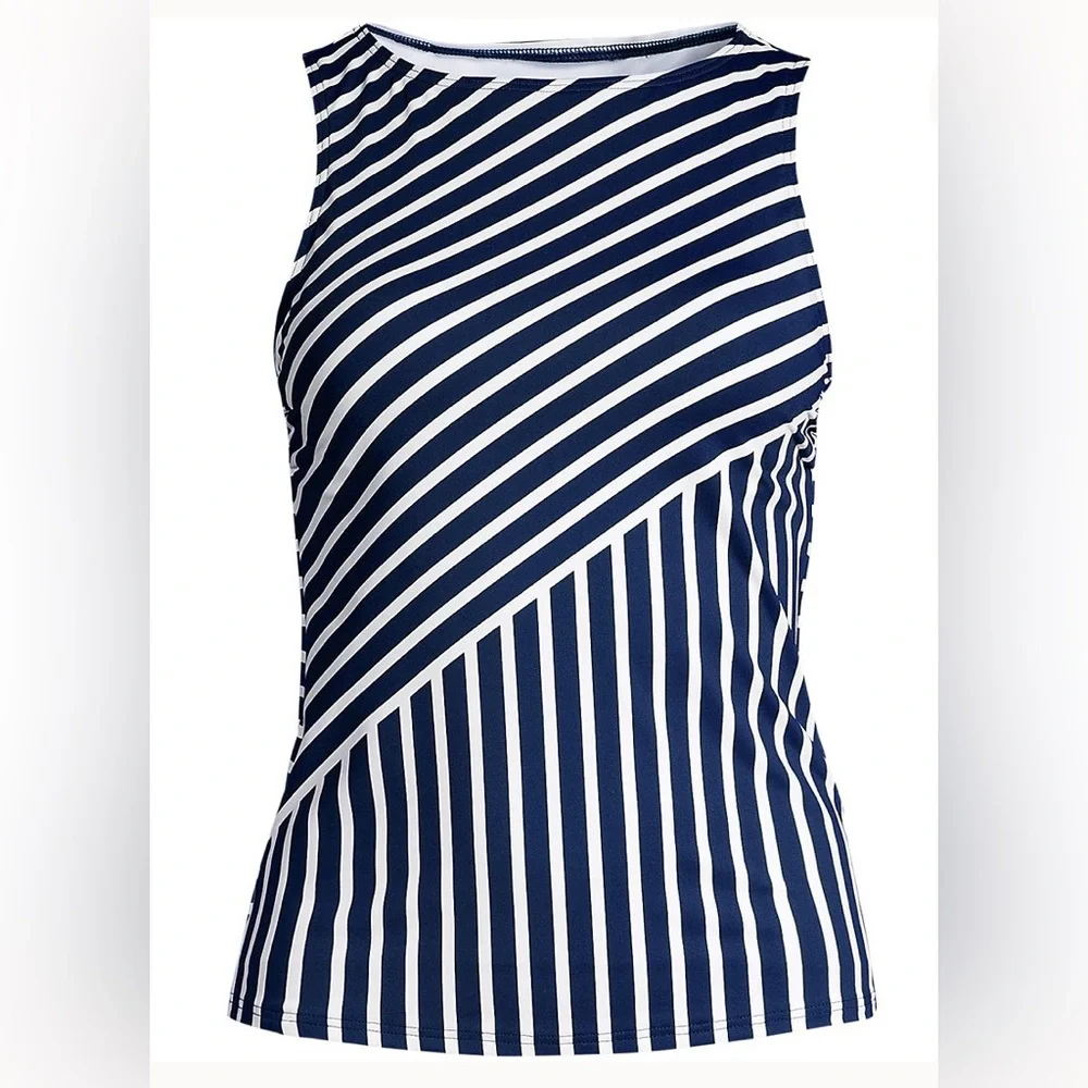 LAND'S END Navy/WHT Stripe High Neck Modest/Full Coverage Tankini Swim Top 16DD