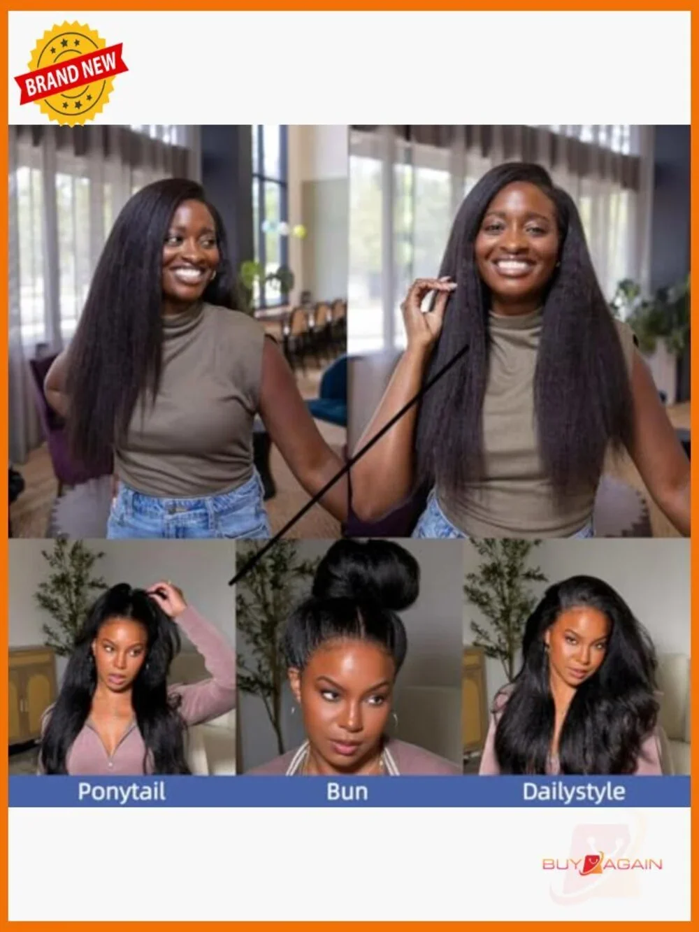 V Part Wig Human Hair Kinky Straight 250% Density Glueless Clip In Drawstring