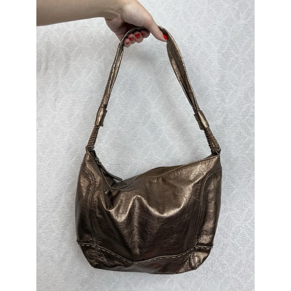 The Sak Leather Hobo Bag Metallic Bronze Brown Shoulder Purse Slouchy Boho Indie