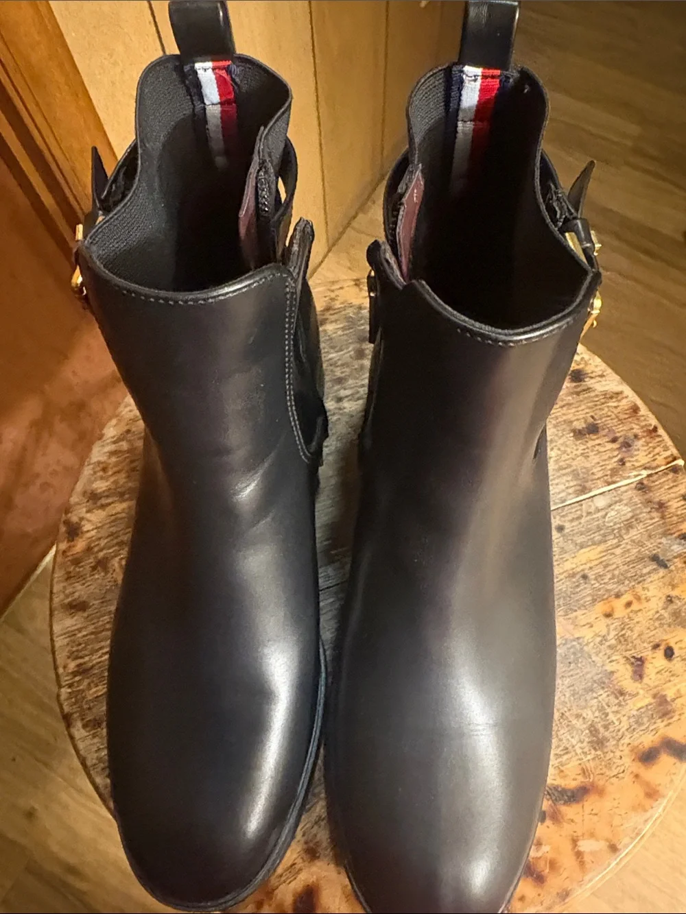 Tommy Hilfiger Black Leather Ankle Booties with Signature Stripe Pull Tab