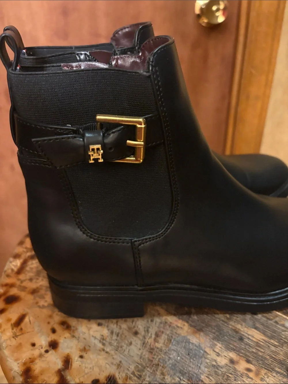 Tommy Hilfiger Black Leather Ankle Booties with Signature Stripe Pull Tab