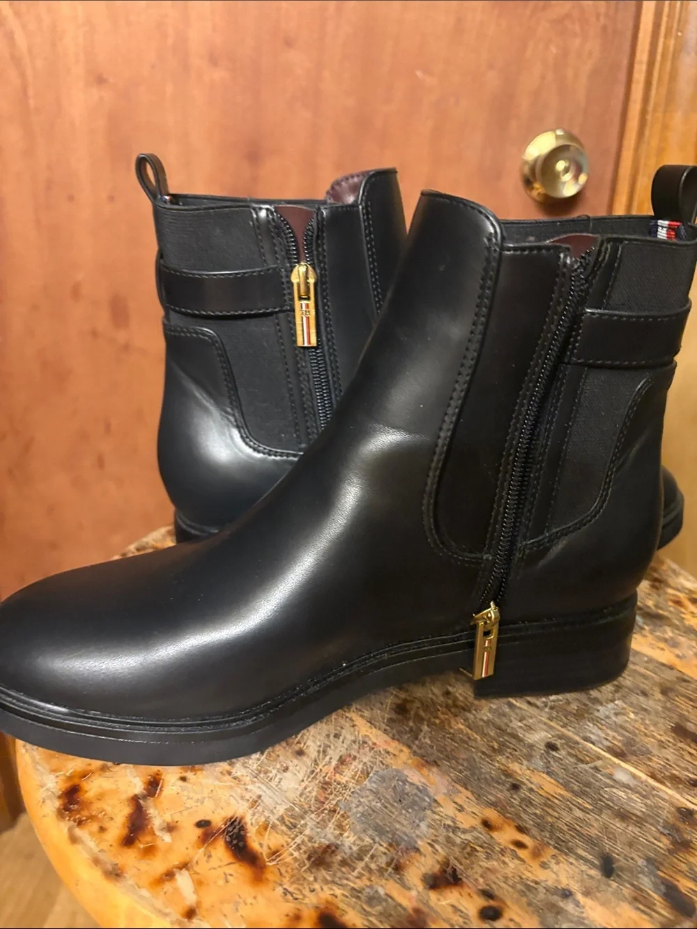 Tommy Hilfiger Black Leather Ankle Booties with Signature Stripe Pull Tab