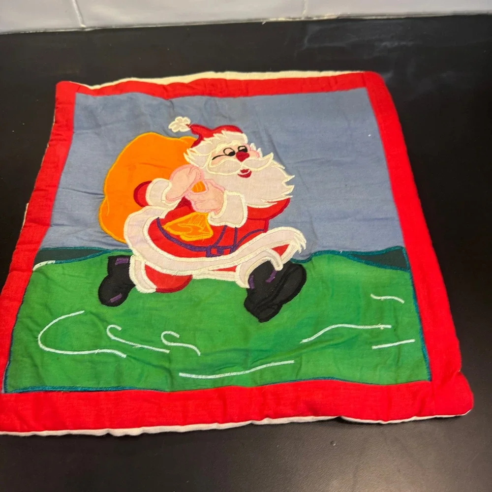 Vintage Santa Claus Pillow Sham Kids 16x18 Red Blue Applique Christmas Decor