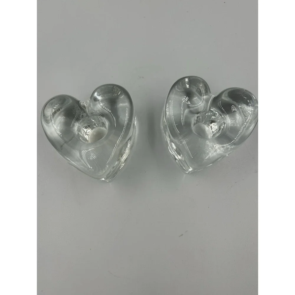 VTG, heavy, clear glass heart candle holders Set Of Two