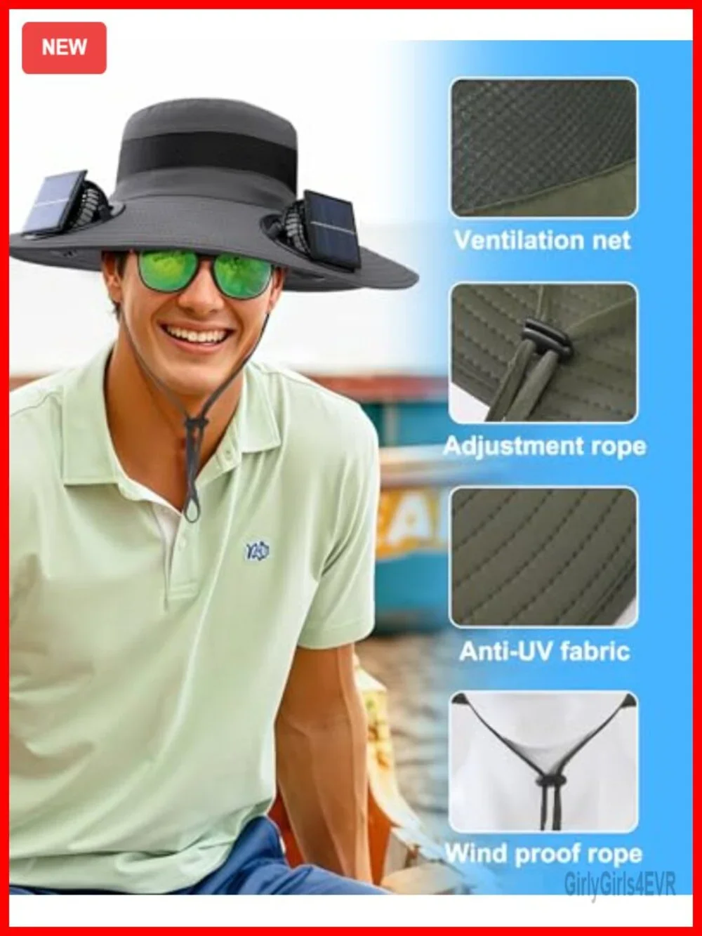 Wide Brim Sun Hat with 2 Solar Fans UPF 50+ Outdoor Fishing Essential