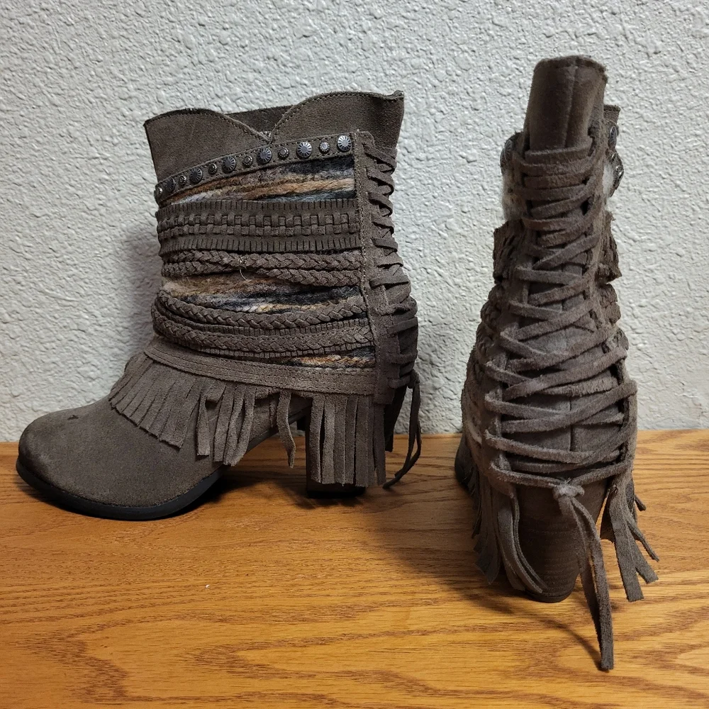 Naughty Monkey Brown Leather Fringe Poncho Heeled Booties Size 8