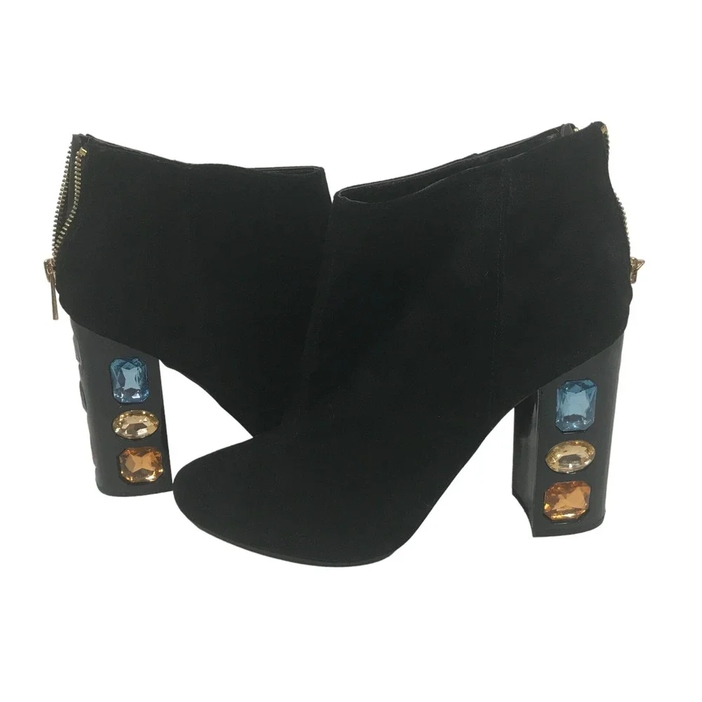 Shoedazzle Cassey Womens Size 9 Ankle Bootie Black Faux Suede Jeweled 4.5in Heel