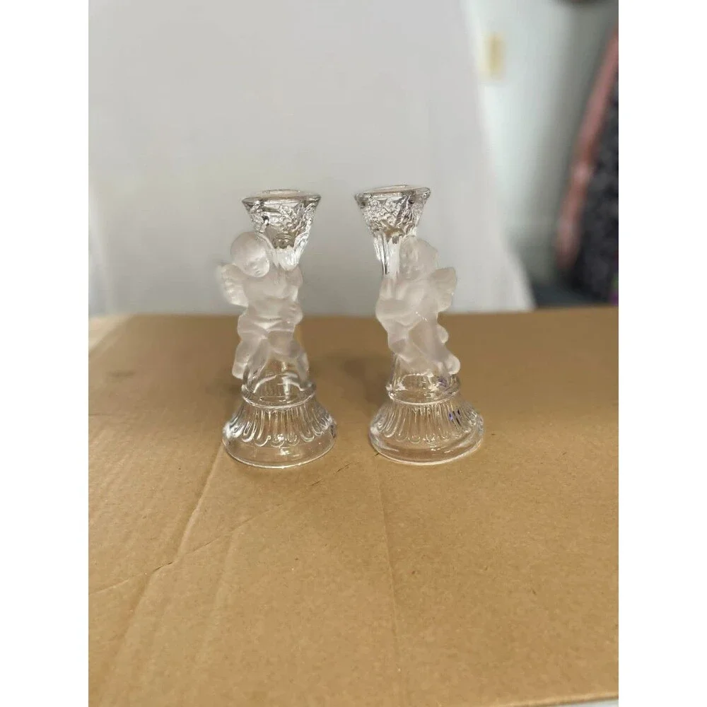 Cherub Candlestick Holders Set of 2 Clear Frosted Glass Angel‎ Decor