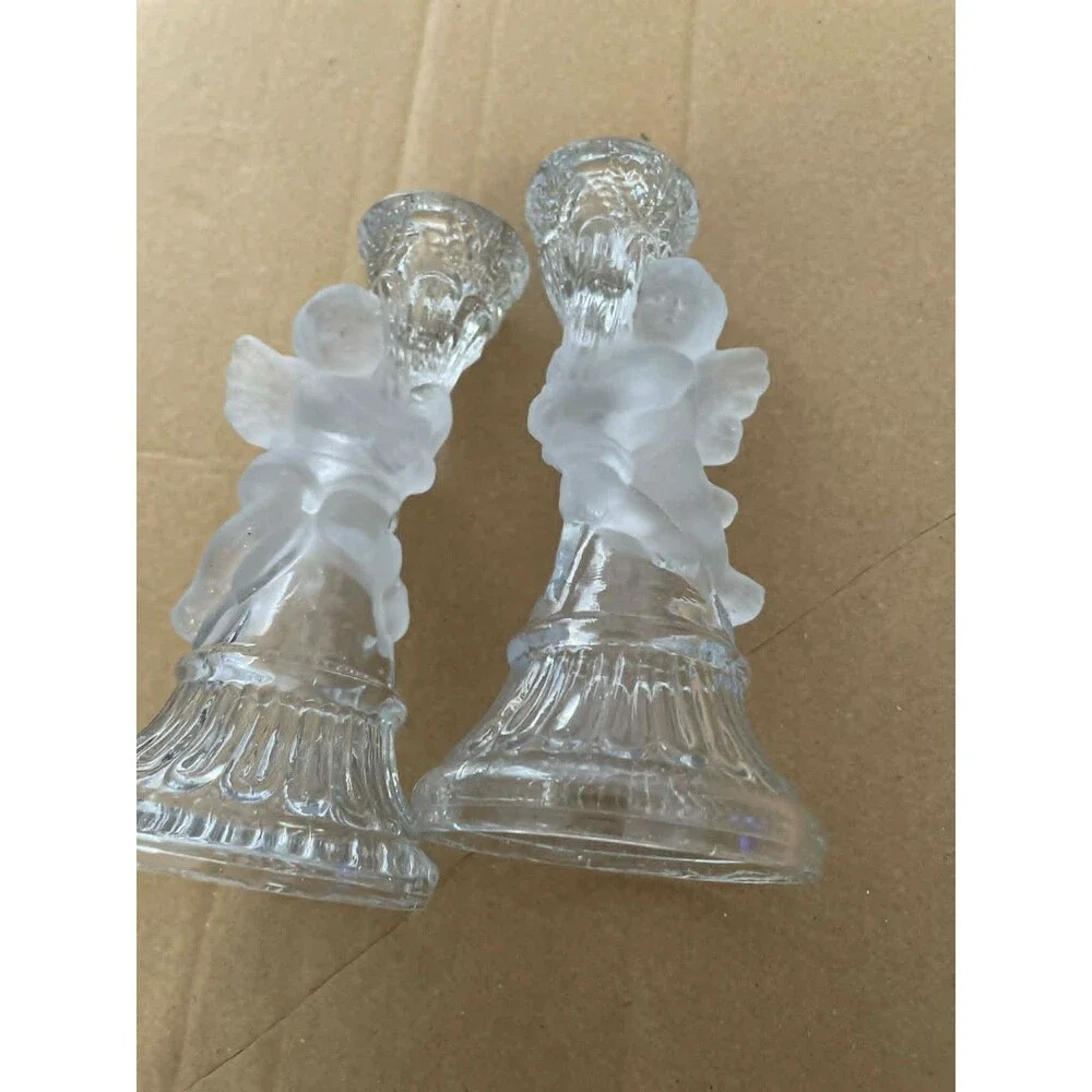 Cherub Candlestick Holders Set of 2 Clear Frosted Glass Angel‎ Decor