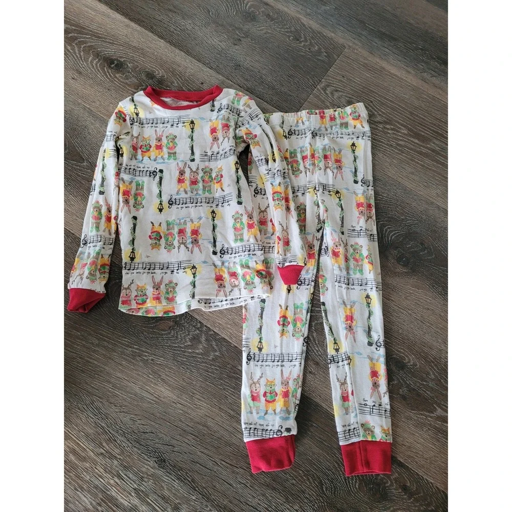 Burts Bees Kids 4T Organic Cotton Christmas Carol Animal Pajama Set White Red #2