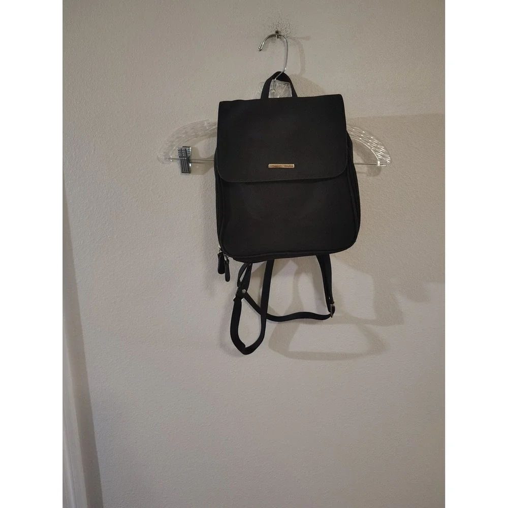 Black Faux Leather Mini Backpack Gold Tone Logo Plate Adjustable Straps Bag