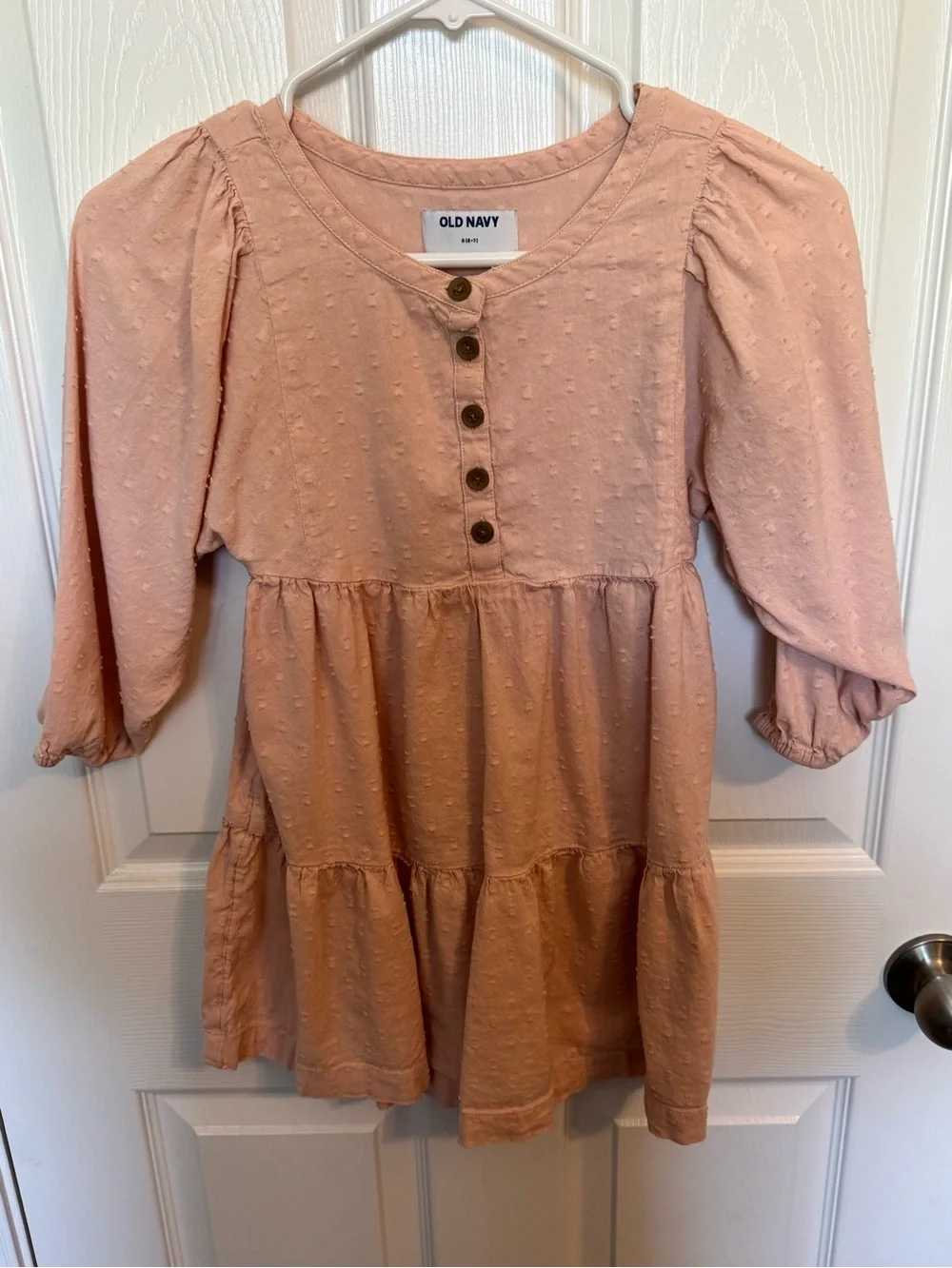 Old Navy Pink Tiered Dot-Texture Dress with Button Placket