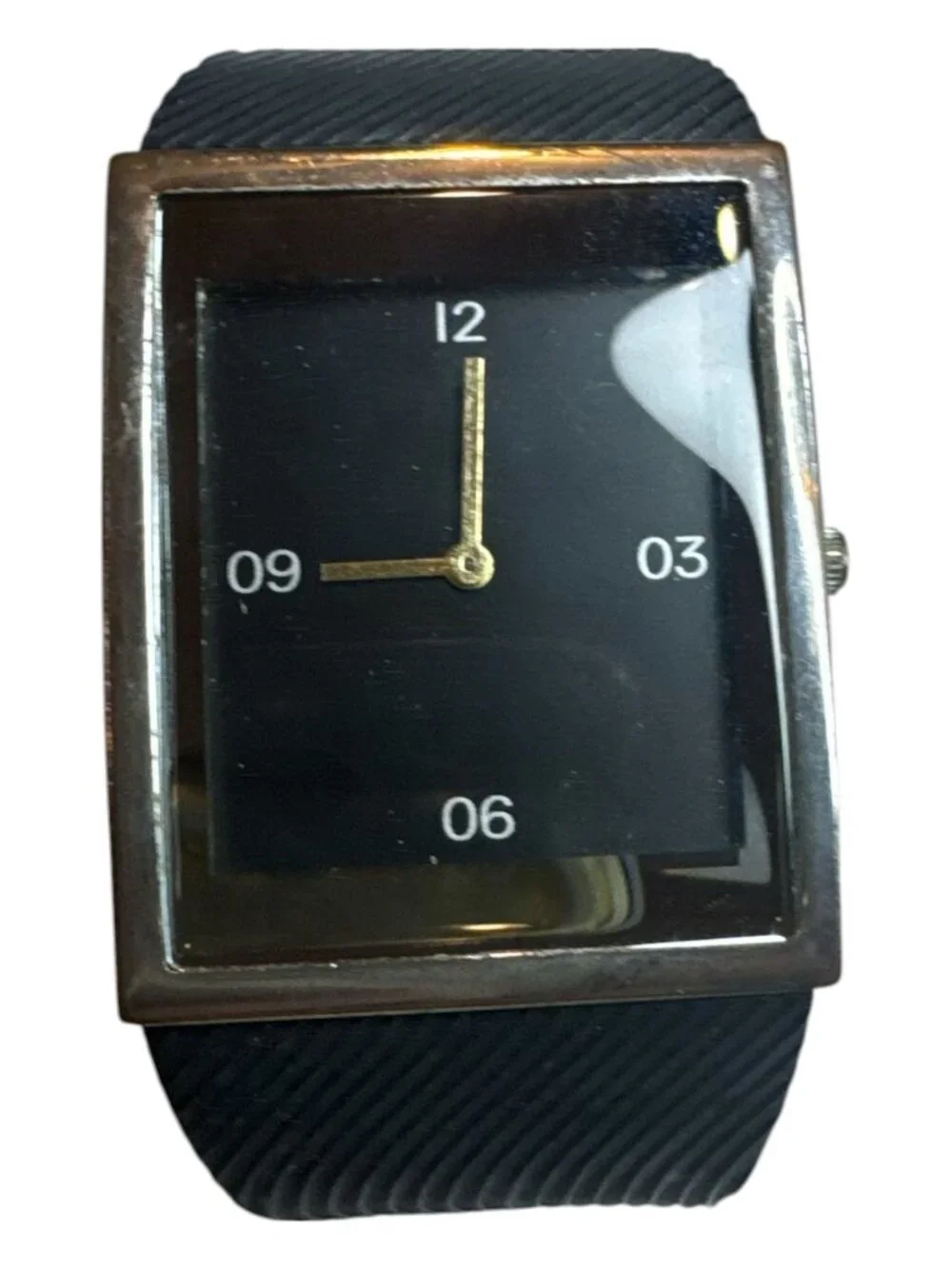 Rectangular Black Quartz Watch With Gold Hands & Silicone Band