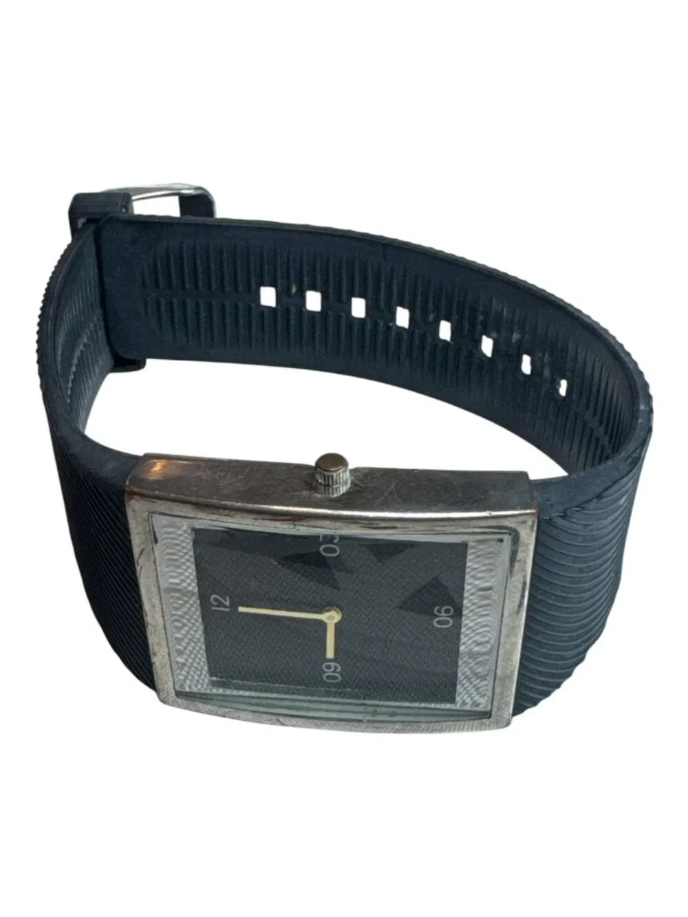 Rectangular Black Quartz Watch With Gold Hands & Silicone Band