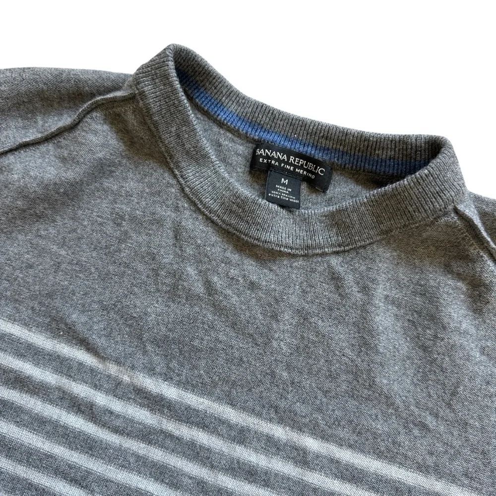 Banana Republic 100% Merino Wool Sweater Gray Striped Crewneck Minimalist M