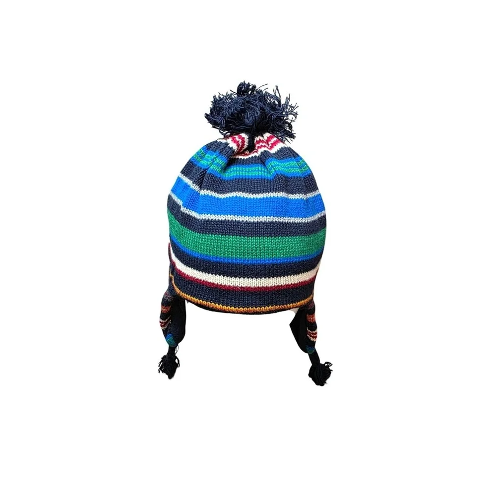 Gap‎ Kids Winter Street Striped Knit Pom-Pom Hat Earflaps & Fleece Lining S/M