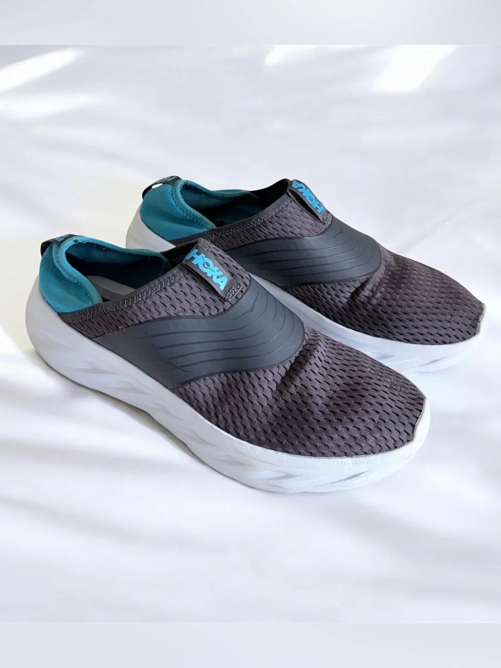 Hoka Gray Slip-On Mesh Sneakers with Teal Accents