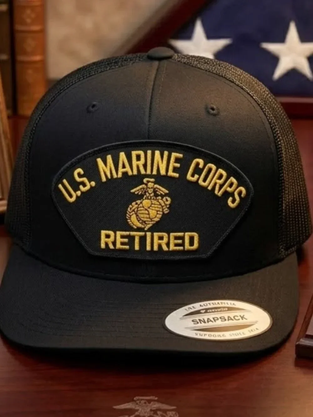 Retro US Marine Corps Retired Embroidered Patch Hat Yupoong Flat Bill Snapback