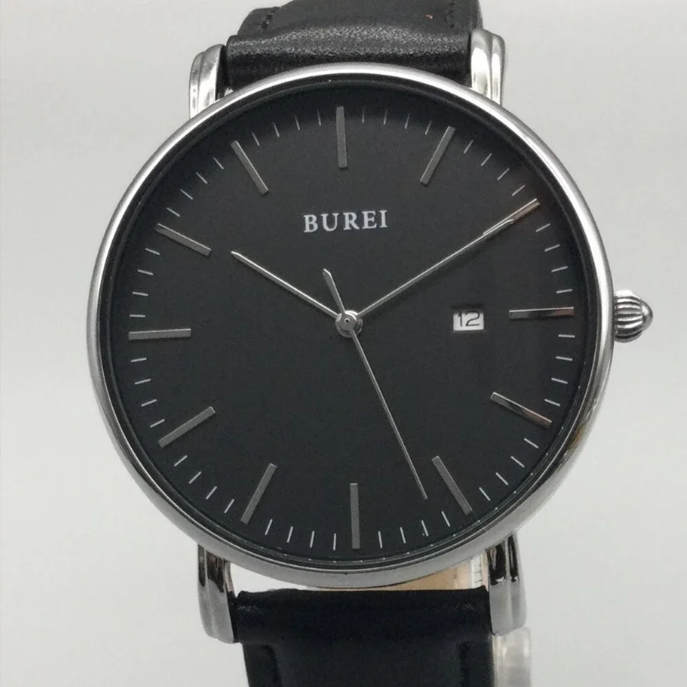 Burei S-19006M Mens Watch 41mm Black Dial Black Leather Date Dress New Battery