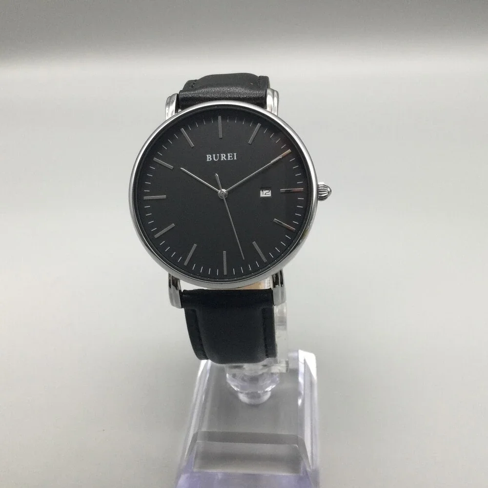 Burei S-19006M Mens Watch 41mm Black Dial Black Leather Date Dress New Battery