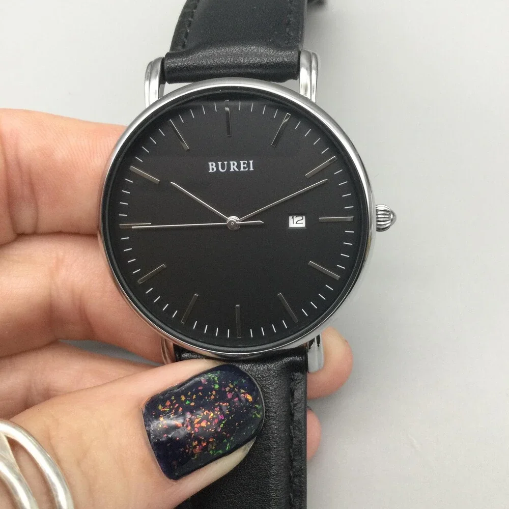 Burei S-19006M Mens Watch 41mm Black Dial Black Leather Date Dress New Battery