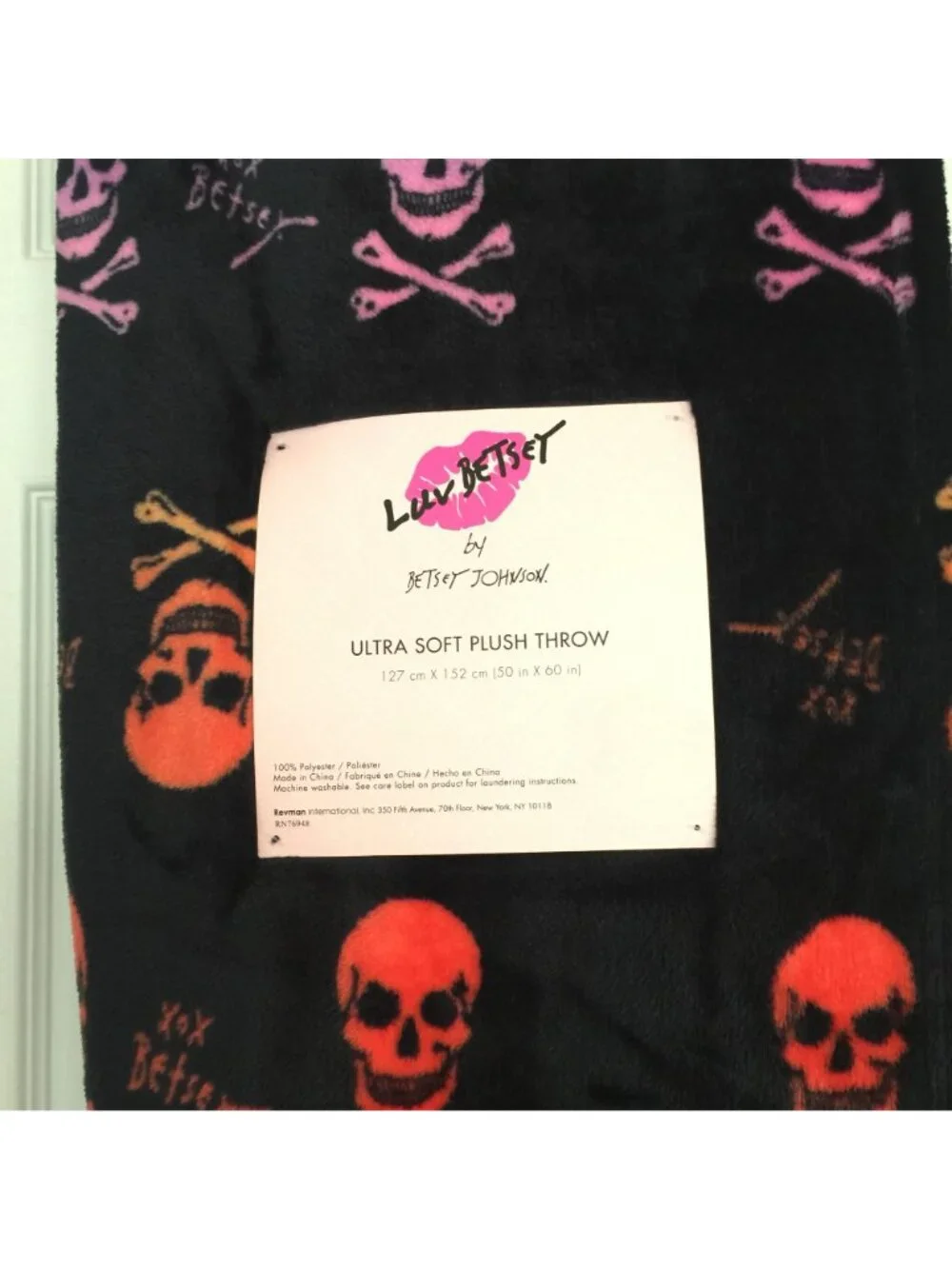 Betsey Johnson Neon Skull & Crossbones Black Plush Throw 50