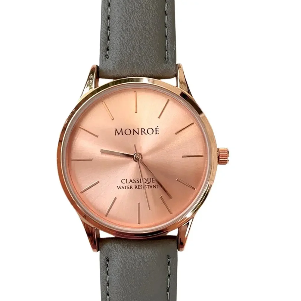 Monroe SOLÉROSE Minimalist Watch – Rose Gold Face & Charcoal Leather Strap