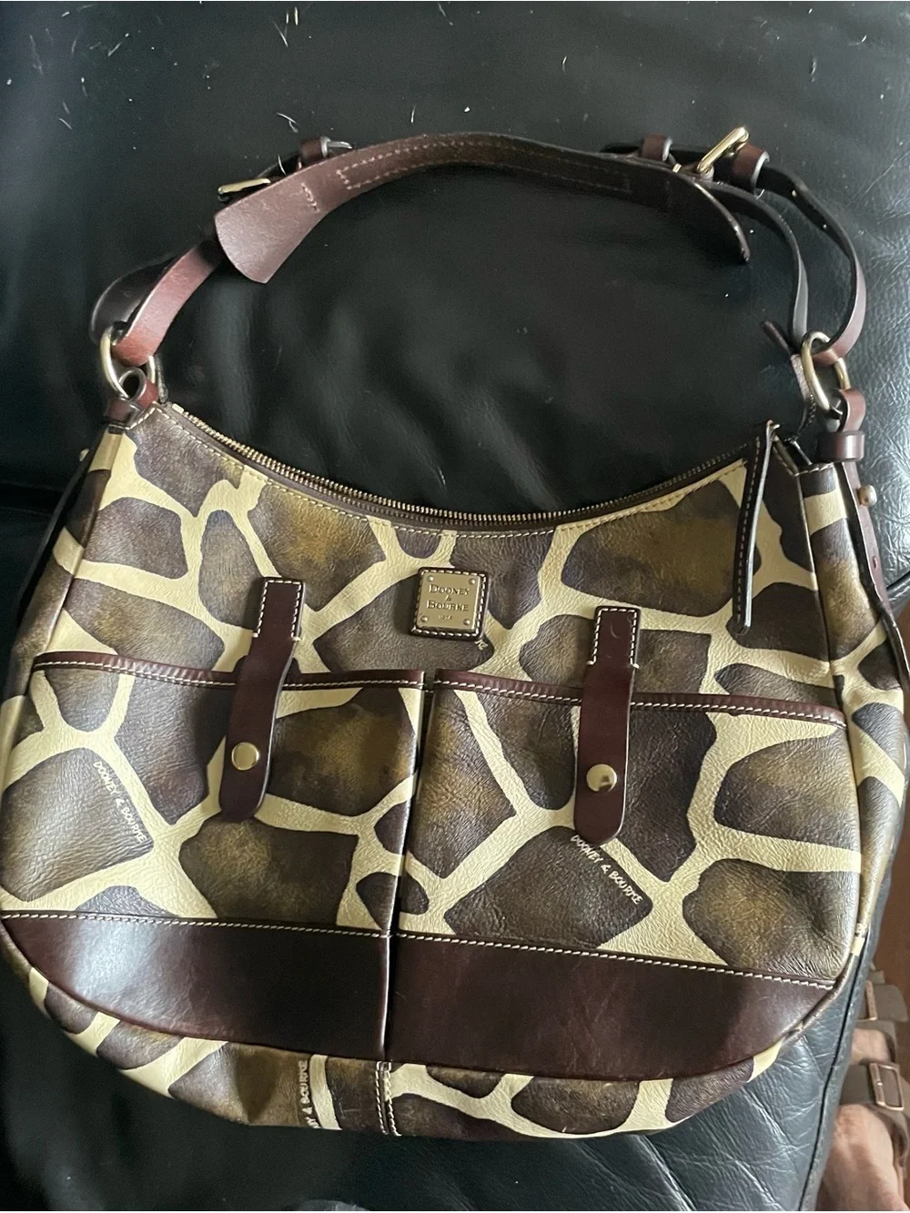 Dooney & Bourke Brown and Cream Giraffe-Print Leather Hobo