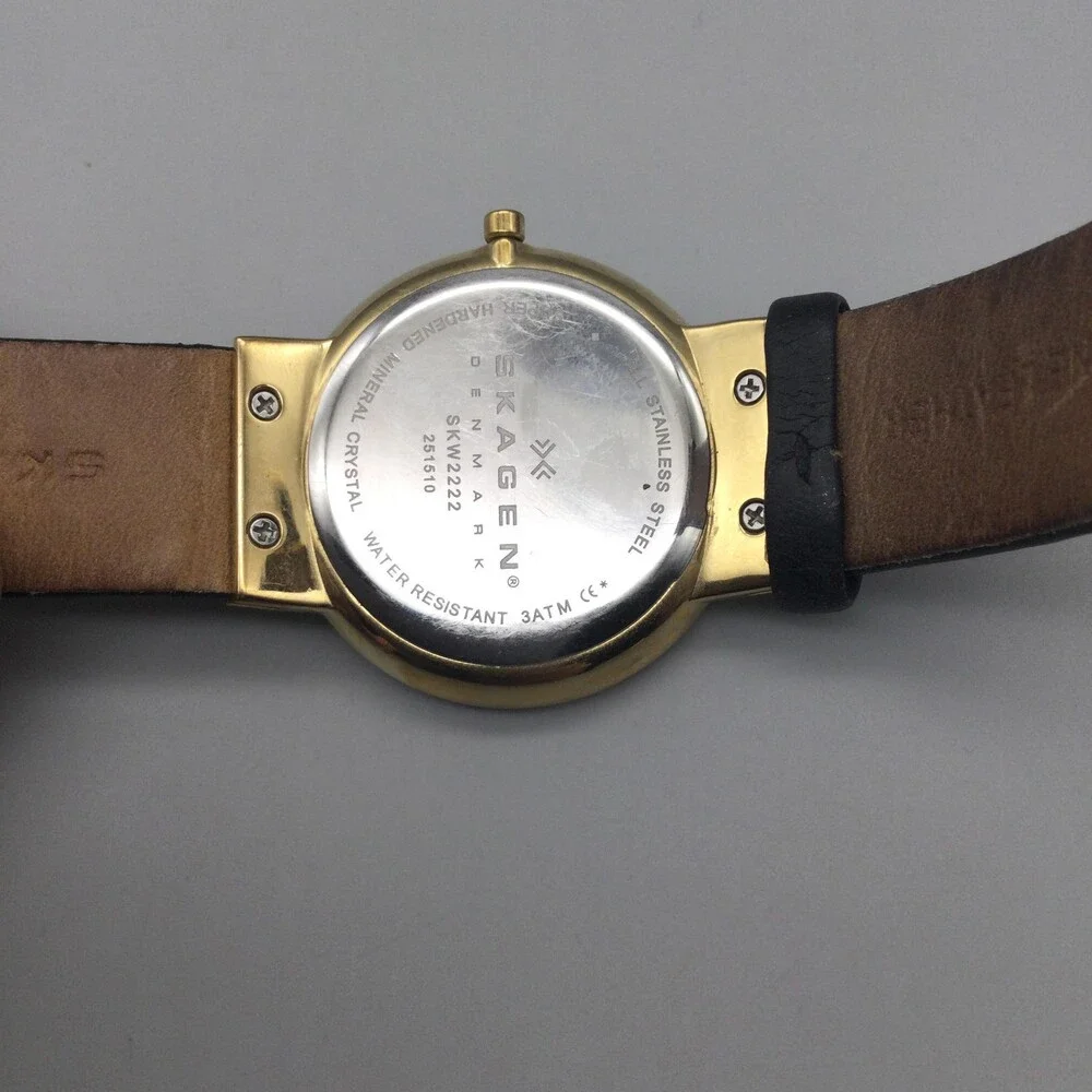 Skagen SKW2222 Womens Watch 34mm Black Dial Gold Tone Leather New Battery