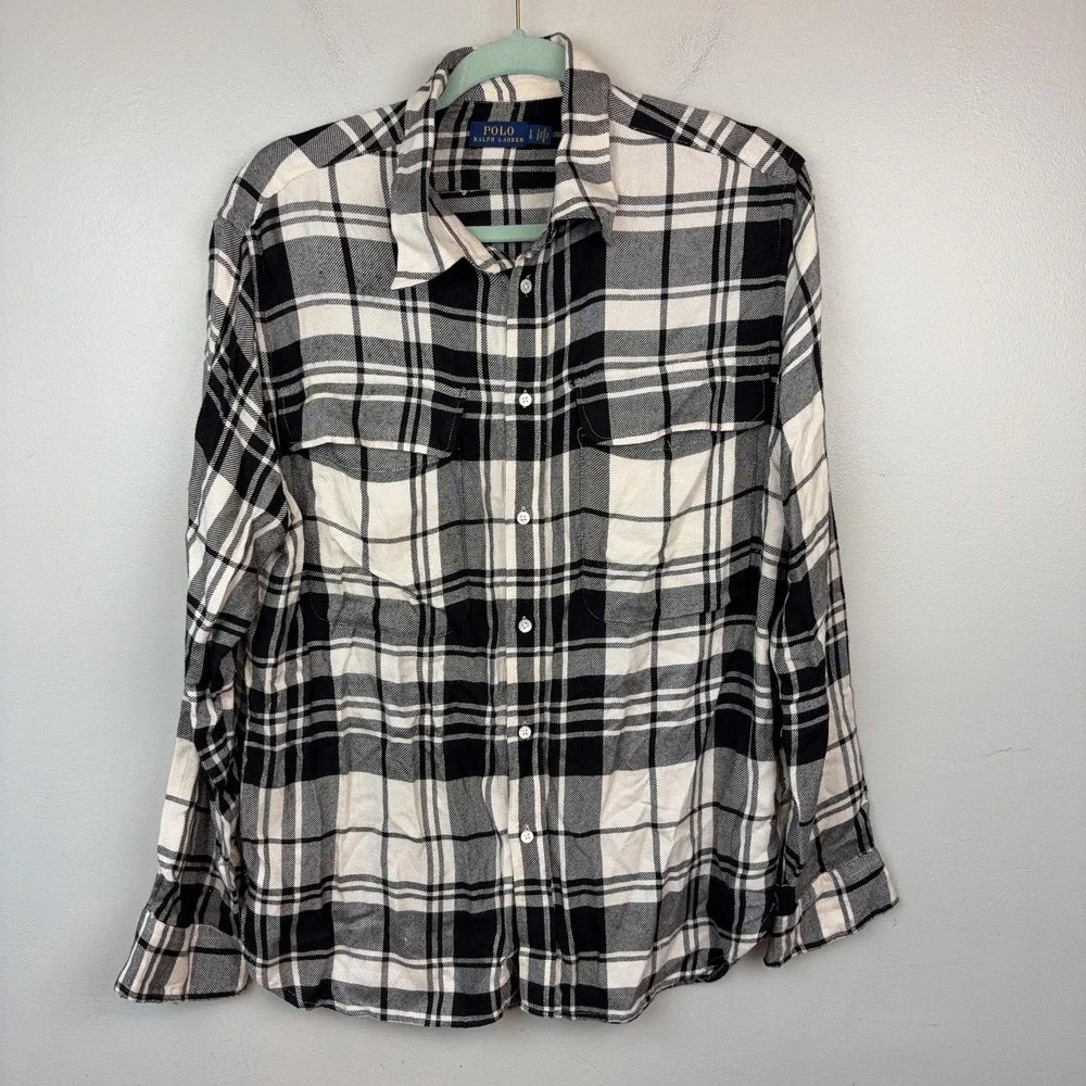 Polo Ralph Lauren Shirt men's Large Black Plaid Flannel Button Up Long‎ Sleeve