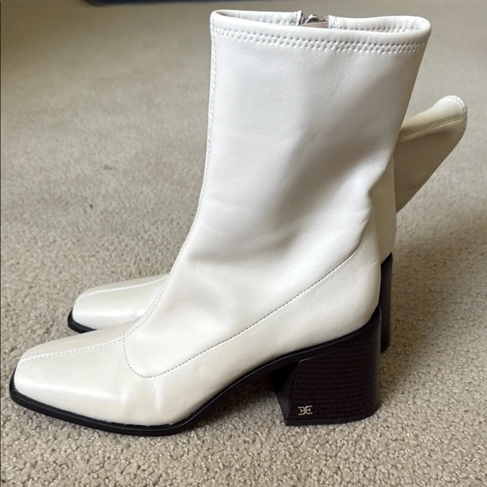 Cream Square-Toe Block Heel Ankle Boots